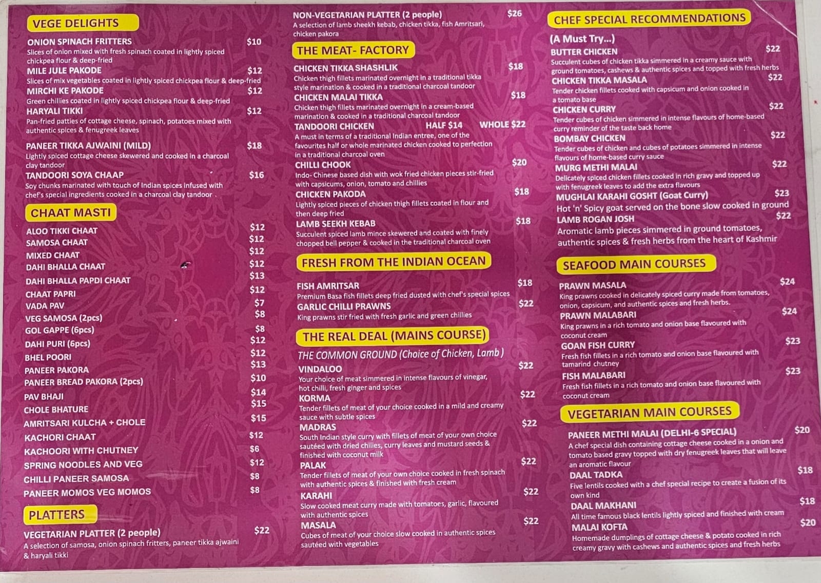 Delhi 6 dine in menu