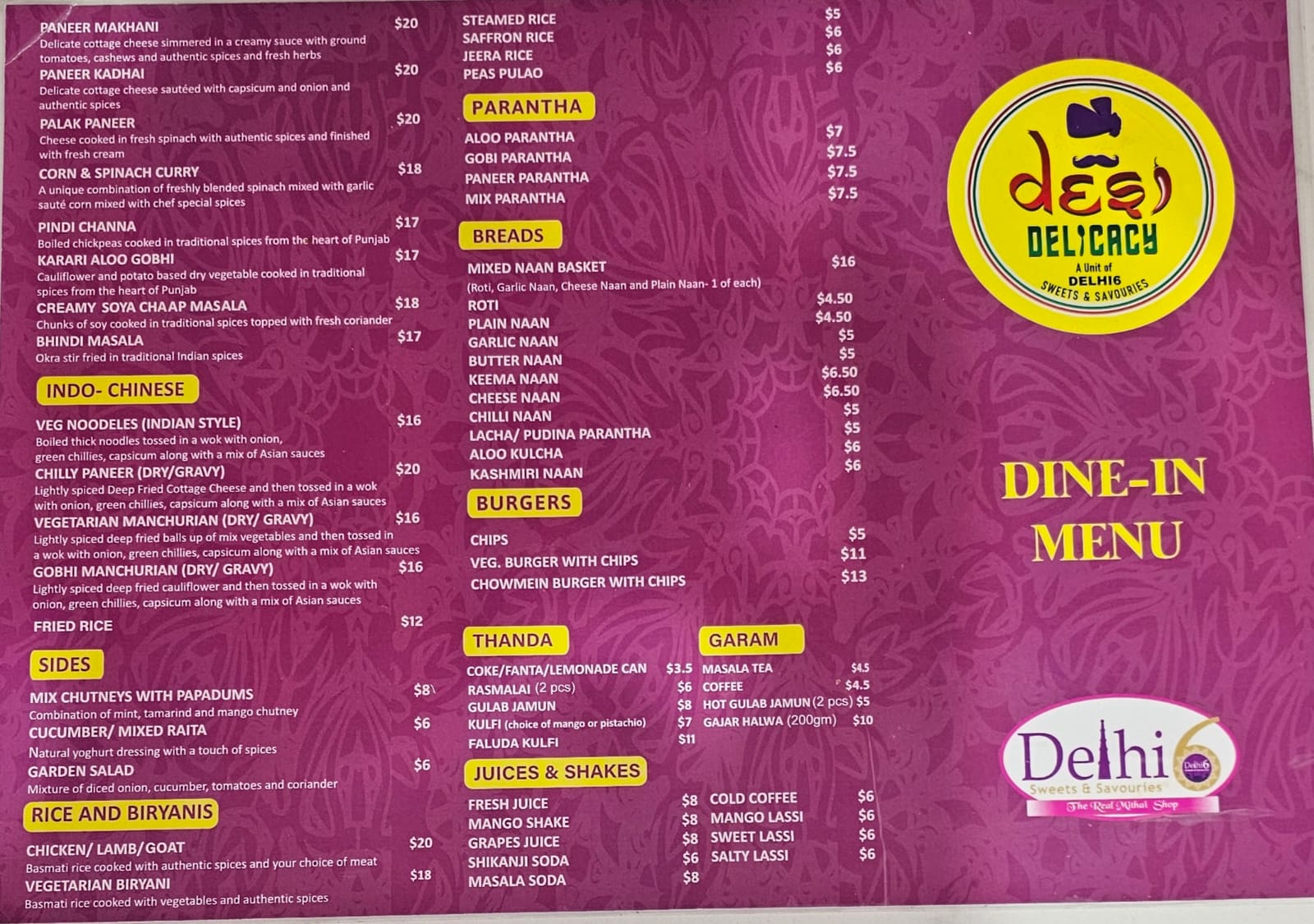 Delhi 6 dine in menu